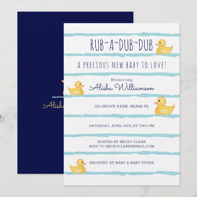 Rub-A-Dub-Dub Cute Yellow Rubber Ducky Baby Shower Invitation (Front/Back)