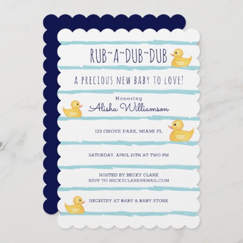 Rub_A_Dub_Dub Cute Yellow Rubber Ducky Baby Shower Invitation