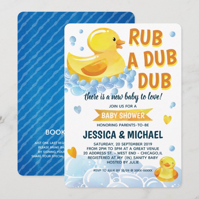 Rub a Dub Dub Rubber Duck Baby Shower Invitation (Front/Back)