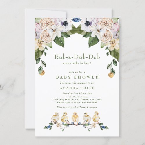 Rub_A_Dub_Dub Yellow Duck Floral Baby Shower Invitation
