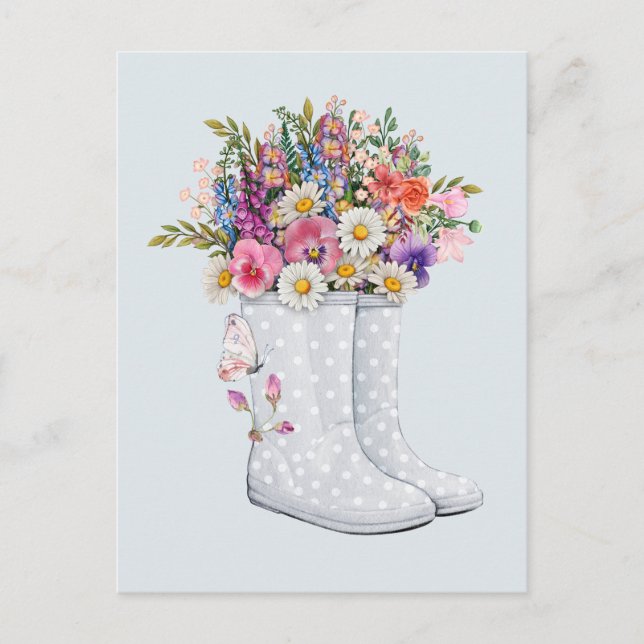 Rubber boots art with floral bouquet postcard (Front)