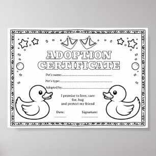 Rubber duck adopt a pet coloring certificate poster