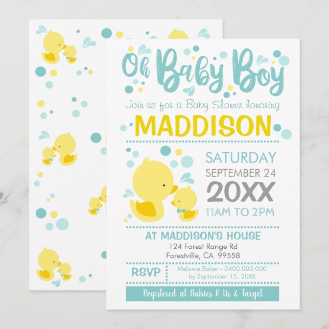 Rubber Duck Baby Shower Invitation Ducky Boy (Front/Back)
