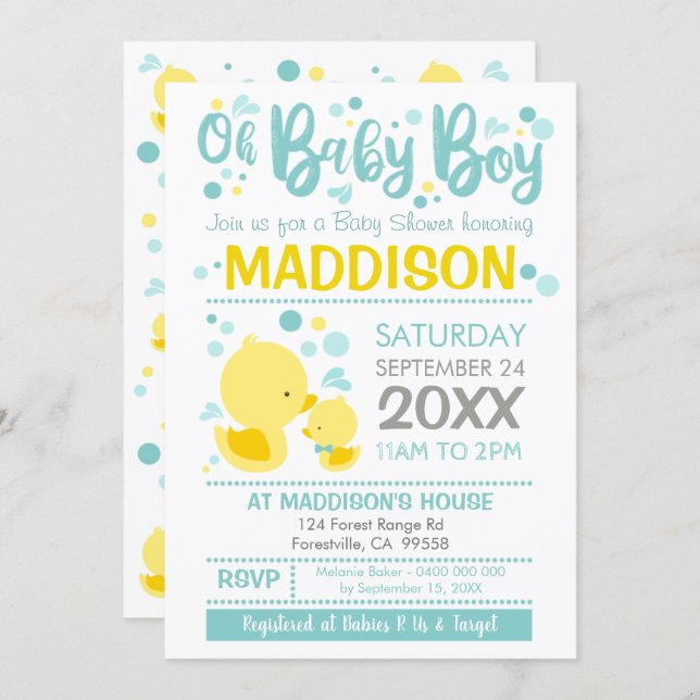 Rubber Duck Baby Shower Invitation Ducky Boy (Front/Back)