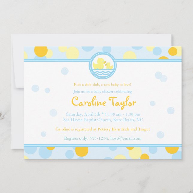 Rubber Duck Baby Shower Invitations Blue & Yellow (Front)