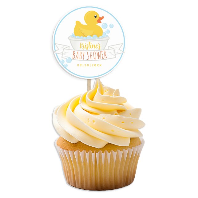 Rubber Duck Baby Shower Sticker | Blue Bubble Bath (blue and yellow rubber ducky cupcake topper baby shower party favor)