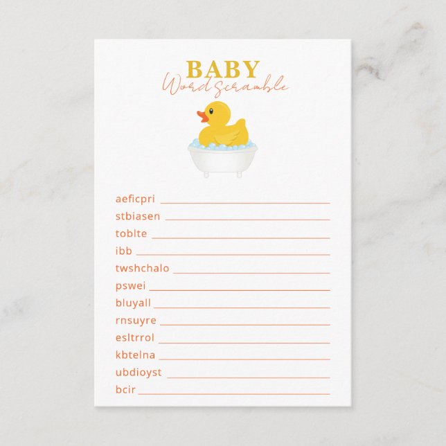 Rubber Duck Baby Shower Word Scramble Game – Yello Enclosure Card (Front)