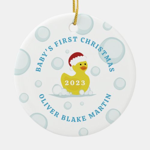 Rubber Duck Babys First Christmas Bubbles Blue Ceramic Ornament