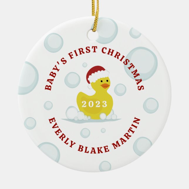 Rubber Duck Baby's First Christmas Bubbles Ceramic Ornament (Front)