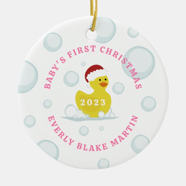 Rubber Duck Baby's First Christmas Bubbles Pink Ceramic Ornament (Front)