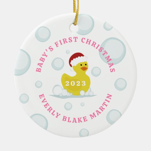 Rubber Duck Babys First Christmas Photo Pink Ceramic Ornament