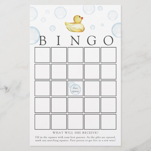 Rubber Duck Bingo Baby Shower Game Card (Front)