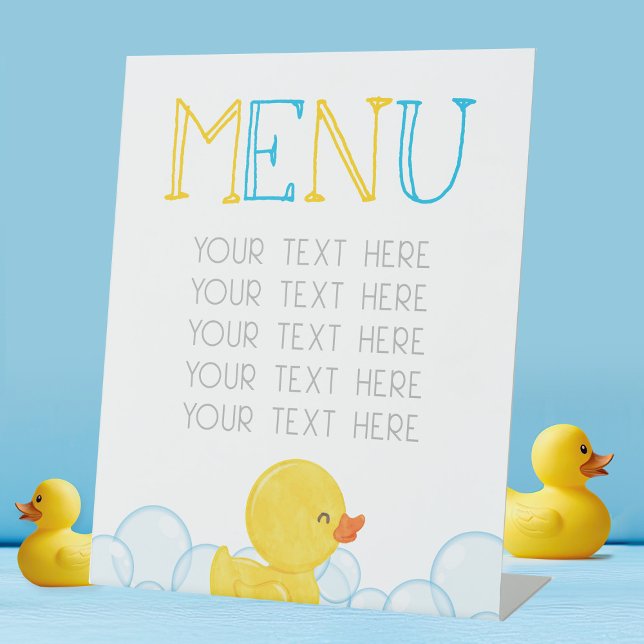 Rubber Duck Birthday or Baby Shower Menu Party Pedestal Sign (Large Rubber Duck Party Menu Sign for Baby Shower or Birthday Table Displays)