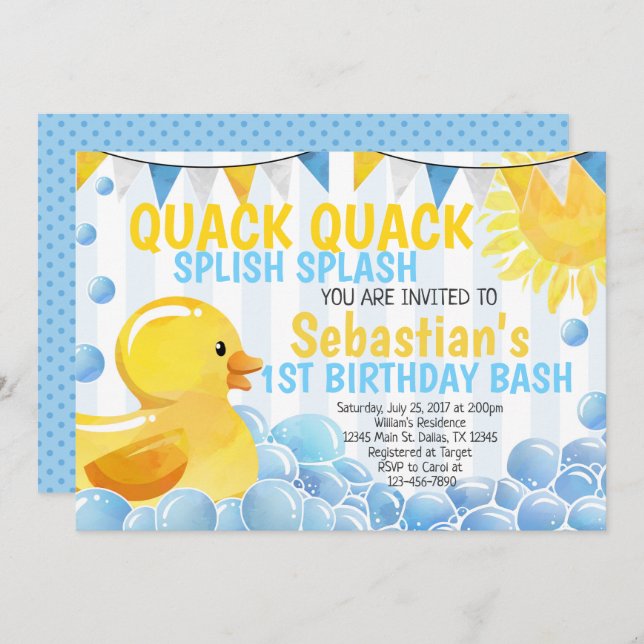 Rubber Duck Birthday Party Invitation Invite (Front/Back)