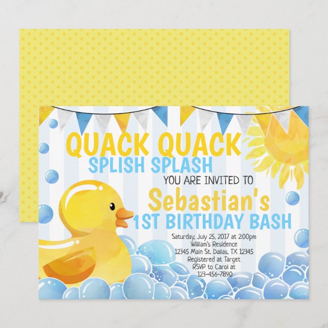 Rubber Duck Birthday Party Invitation Invite (Front/Back)