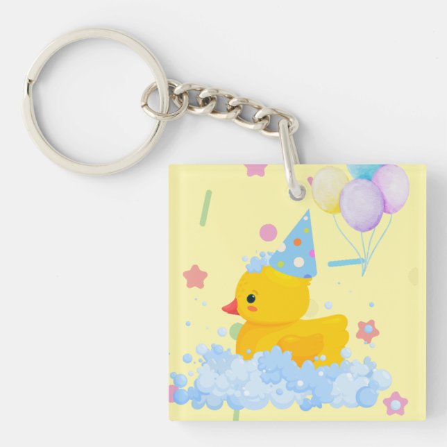 Rubber Duck Birthday with Bubbles and Confetti Keychain (Front)