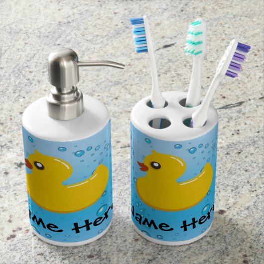 Rubber Duck Blue Bubbles Personalized Kids Bath Set (Front)