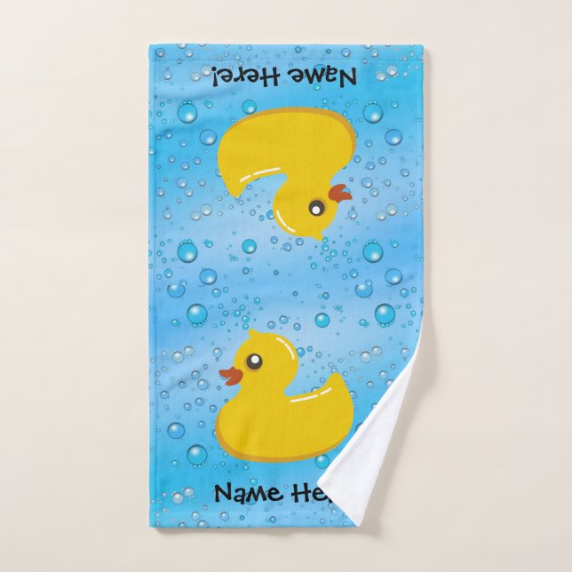 Rubber Duck Blue Bubbles Personalized Kids Hand Towel (Hand Towel)