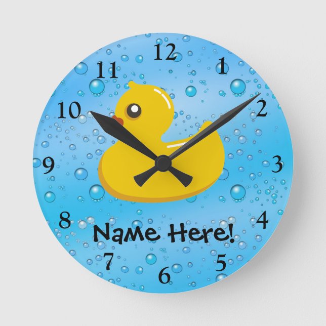 Rubber Duck Blue Bubbles Personalized Kids Round Clock (Front)