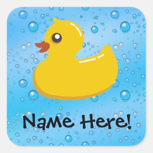 Rubber Duck Blue Bubbles Personalized Kids Square Sticker