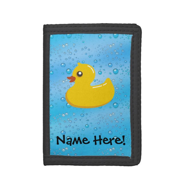 Rubber Duck Blue Bubbles Personalized Kids Tri-fold Wallet (Front Vertical)