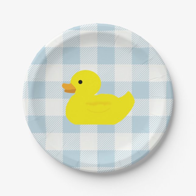 Rubber Duck Blue Gingham Pattern Paper Plates (Front)