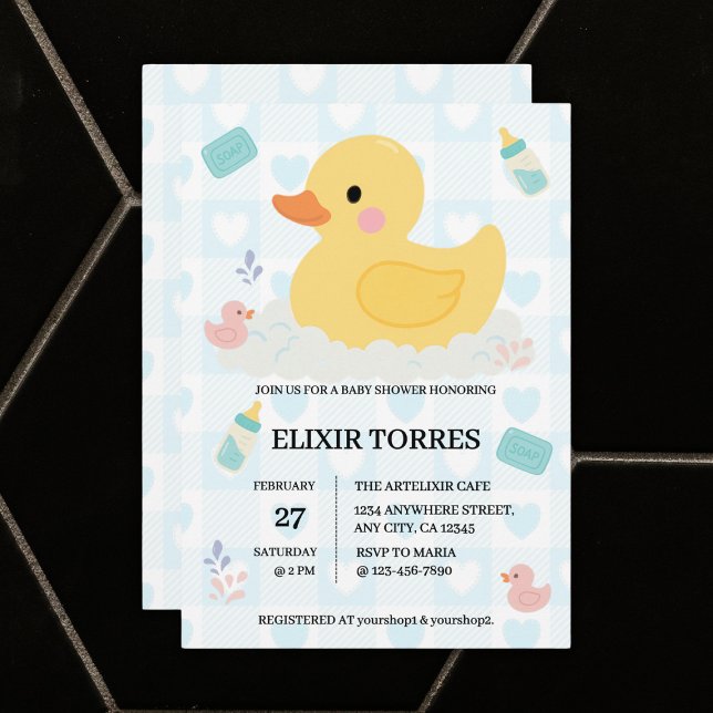 Rubber Duck Blue Hearts Baby Shower Invitation (Creator Uploaded)