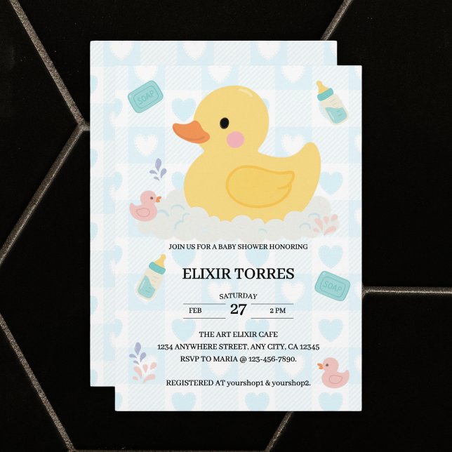 Rubber Duck Blue Hearts Baby Shower Invitation (Creator Uploaded)
