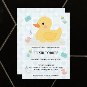 Rubber Duck Blue Hearts Baby Shower Invitation