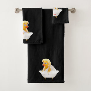 Bathing Bigfoot and rubber ducky wash rag, hand towel, bath towel