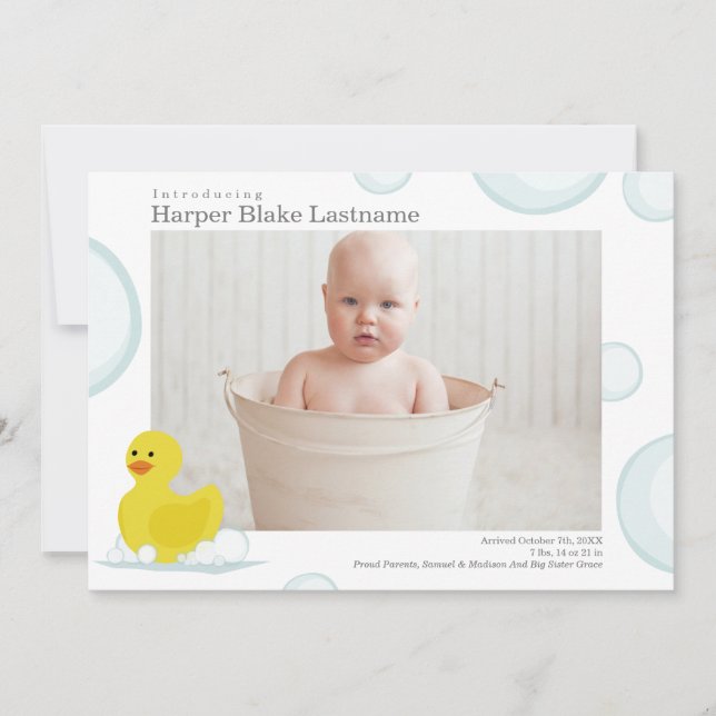 Rubber Duck Bubbles Birth Stats Baby Photo Birth Announcement (Front)