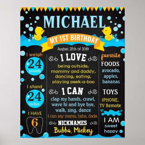 Rubber duck Bubbles First Birthday chalkboard Poster