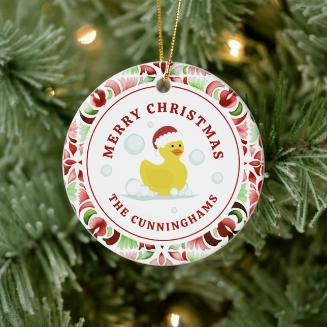 Rubber Duck Christmas Watercolor Ceramic Ornament (Tree)