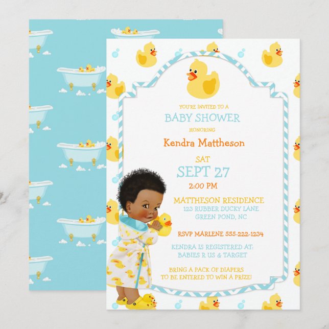 Rubber Duck Ducky African American Gender Neutral Invitation (Front/Back)