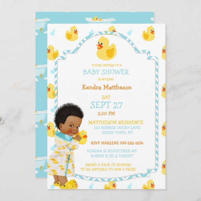 Rubber Duck Ducky African American Gender Neutral Invitation (Front/Back)