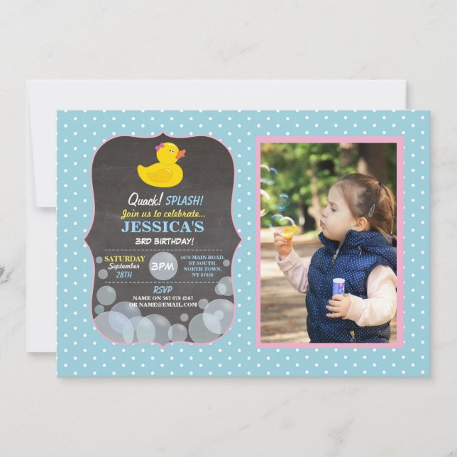 Rubber Duck Ducky Bubble Birthday Party Blue Invitation (Front)