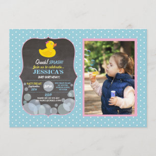 Rubber Duck Ducky Bubble Birthday Party Blue Invitation
