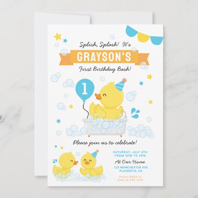 Rubber Duck First birthday Party Blue Yellow Invitation (Front)