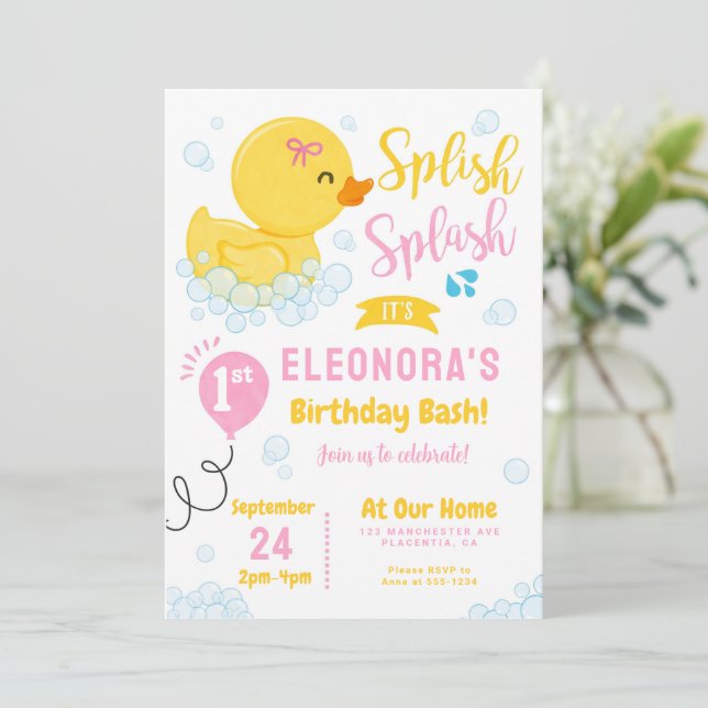 Rubber Duck First birthday Party Pink Yellow Invitation (Standing Front)