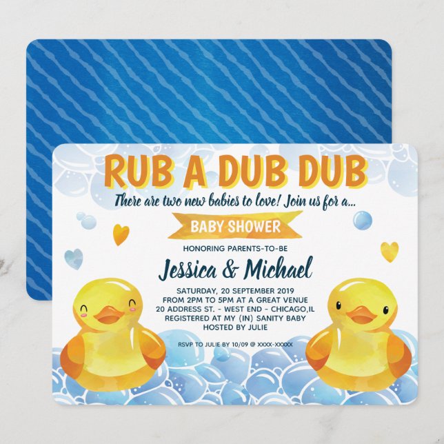 Rubber Duck Gender Neutral Twins Baby Shower Invitation (Front/Back)