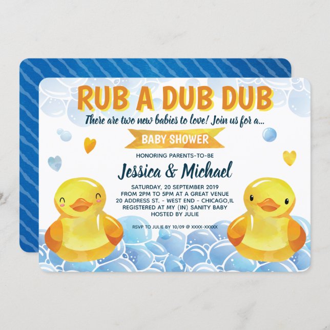 Rubber Duck Gender Neutral Twins Baby Shower Invitation (Front/Back)
