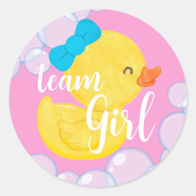 Rubber Duck Gender Reveal Team Girl Round Stickers (Front)
