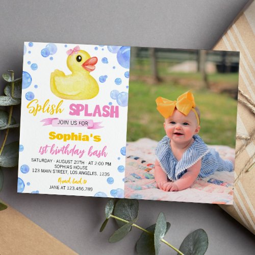 Rubber Duck Girl 1st Birthday Invitation
