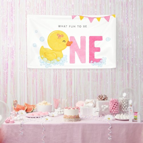 Rubber Duck Girl First birthday Party Pink Yellow  Banner