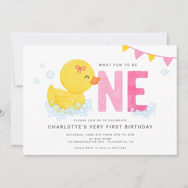 Rubber Duck Girl First birthday Party Pink Yellow Invitation (Front)