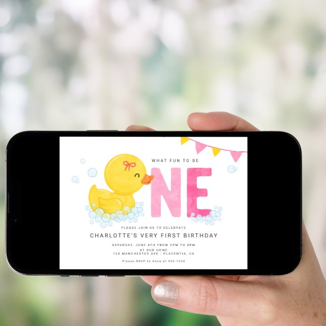 Rubber Duck Girl First birthday Party Pink Yellow Invitation (Front Digital)