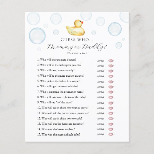 Rubber Duck Guess Who Mommy or Daddy Baby Shower 