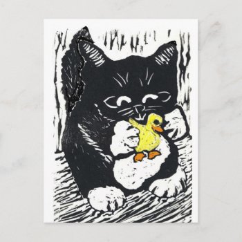 Rubber Duck & Kitten  Block Print Postcard by Nine_Lives_Studio at Zazzle