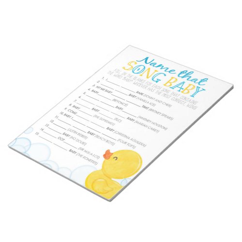 Rubber Duck Name That Song Baby Shower Game Notepad