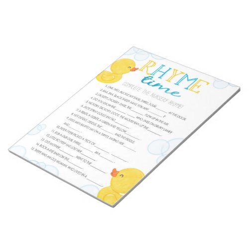 Rubber Duck Nursery Rhyme Baby Shower Game Pack Notepad